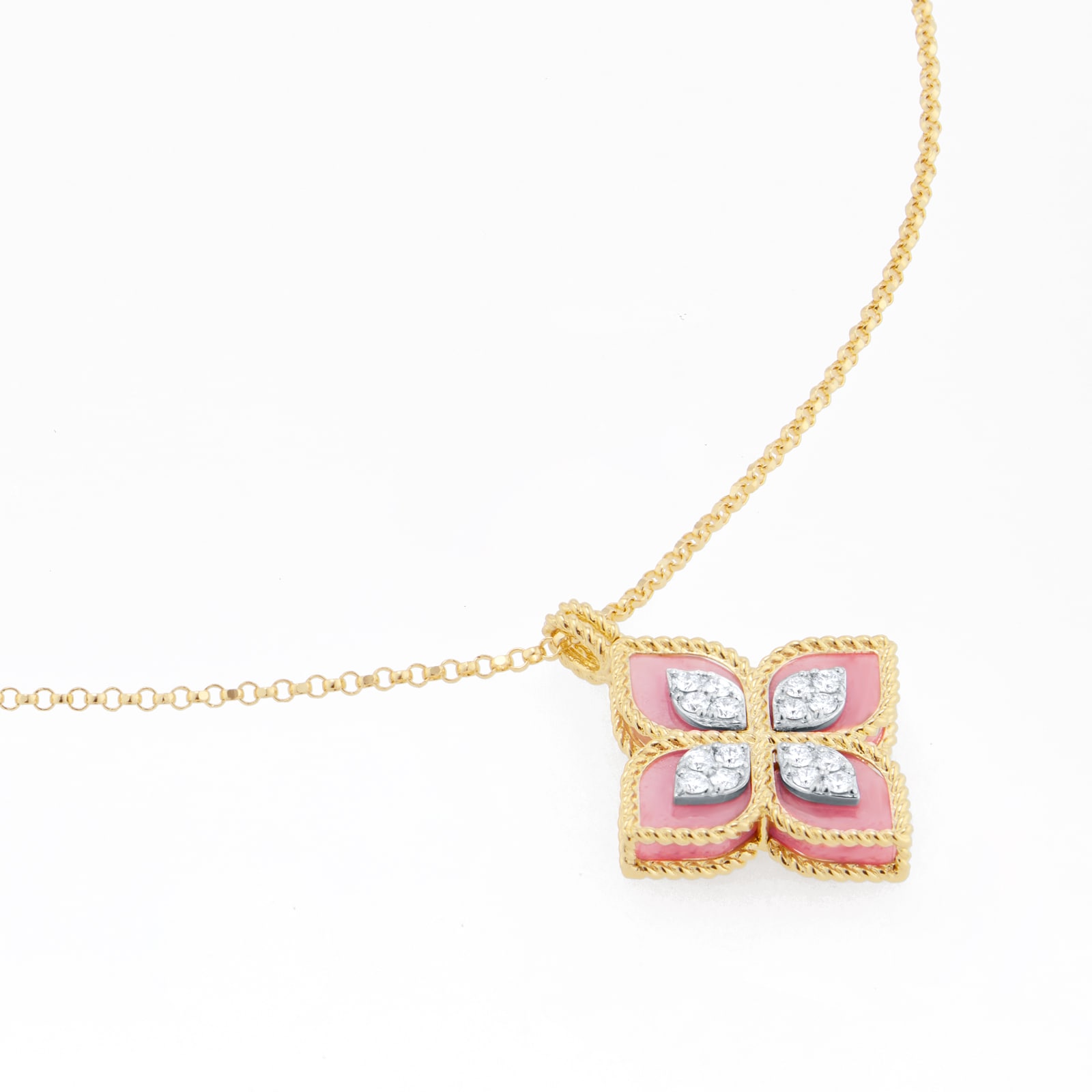 Roberto Coin Princess Flower 18ct Yellow Gold Rhodonite & 0.18ct Diamond Pendant Roberto Coin Princess Flower 18ct Yellow Gold Rhodonite & 0.18ct Diamond Pendant
