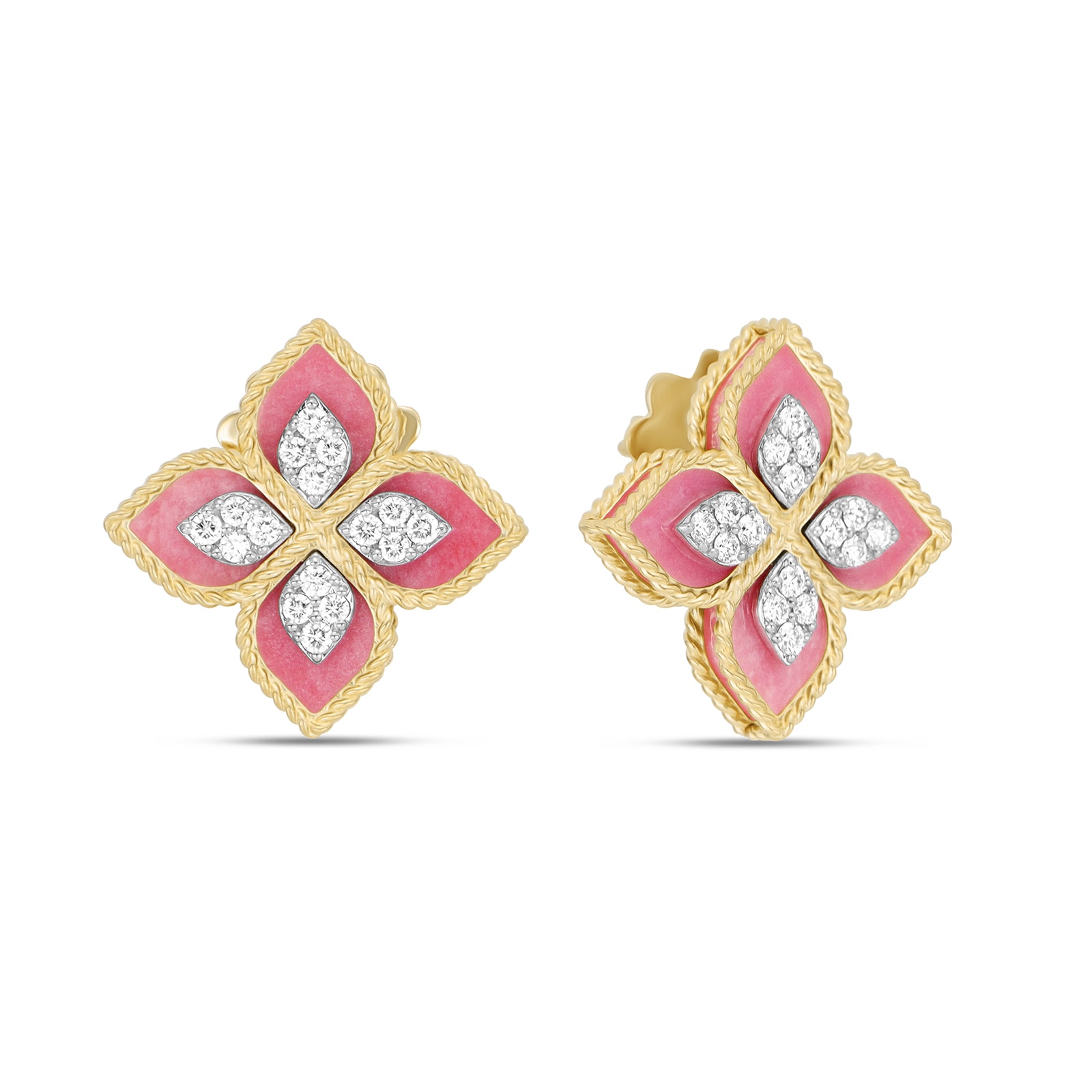 Princess Flower 18ct Yellow Gold Rhodonite & 1.85ct Diamond Stud Earrings image