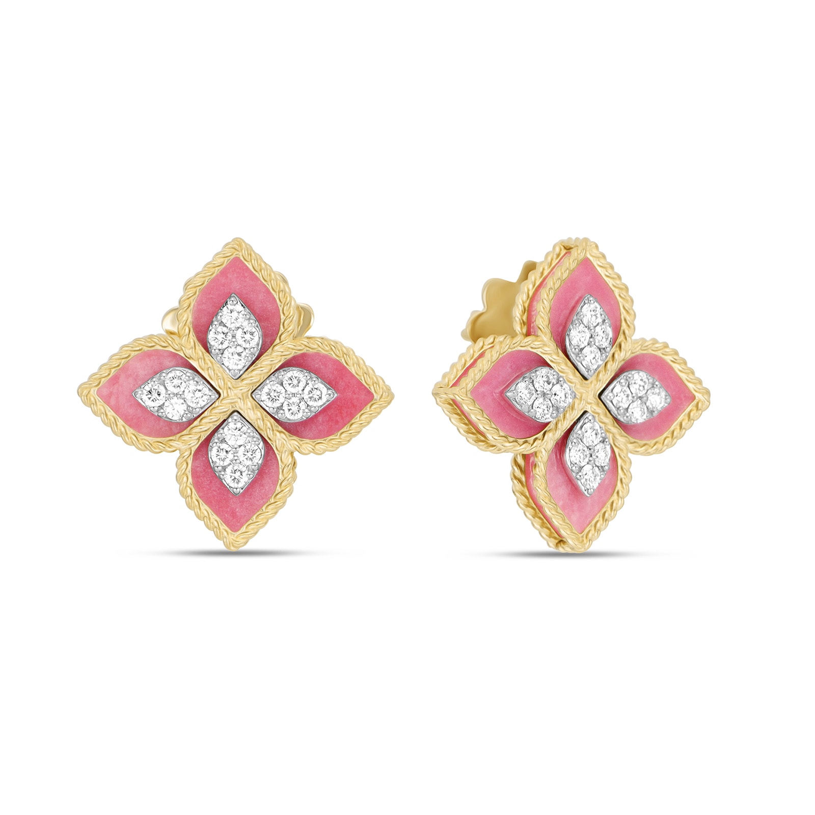 Roberto Coin Princess Flower 18ct Yellow Gold Rhodonite & 0.36ct Diamond Stud Earrings Roberto Coin Princess Flower 18ct Yellow Gold Rhodonite & 0.36ct Diamond Stud Earrings