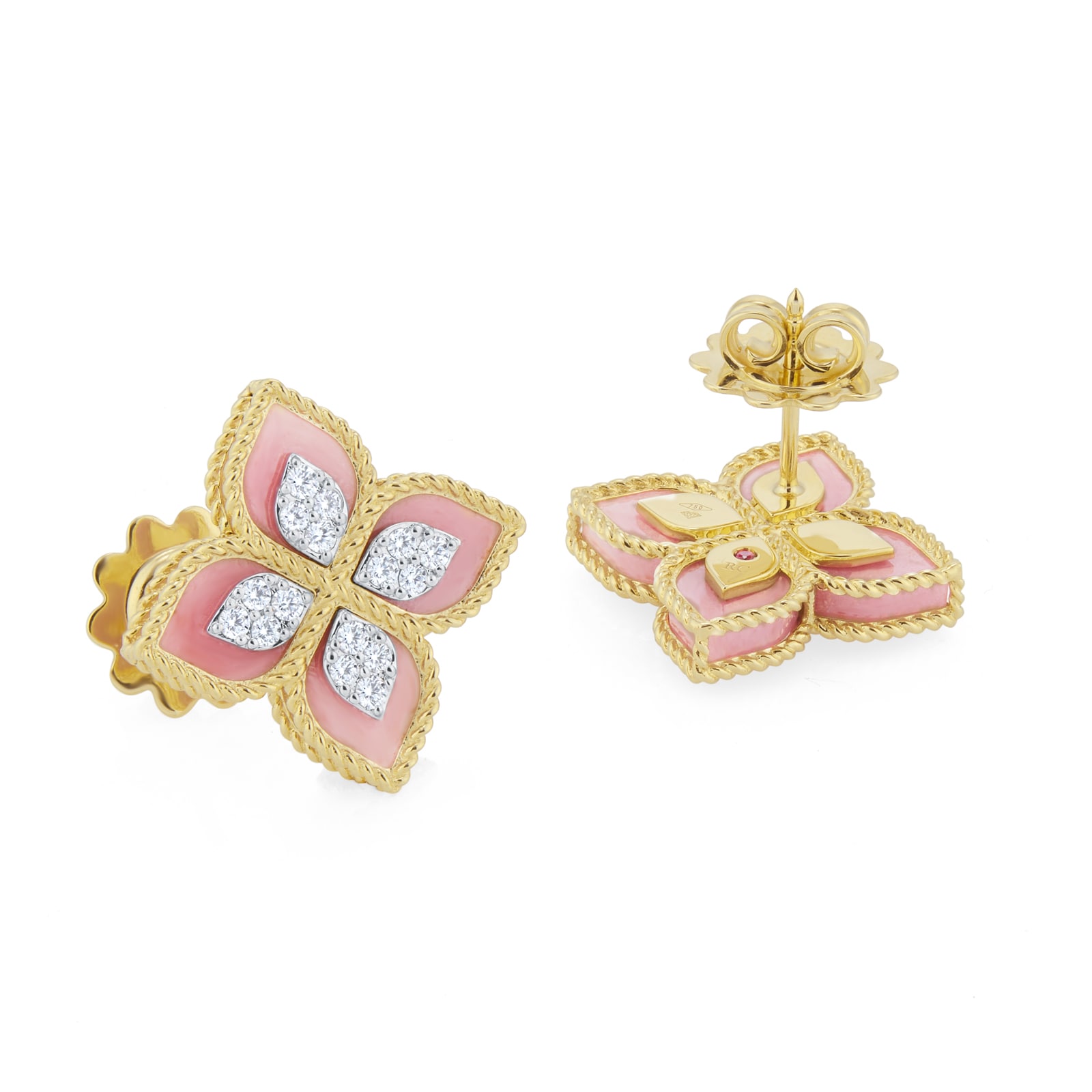 Roberto Coin Princess Flower 18ct Yellow Gold Rhodonite & 0.36ct Diamond Stud Earrings Roberto Coin Princess Flower 18ct Yellow Gold Rhodonite & 0.36ct Diamond Stud Earrings