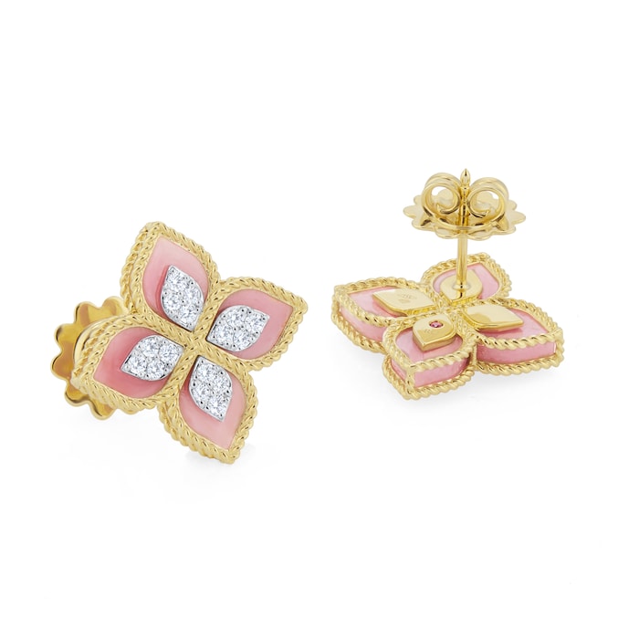 Roberto Coin Princess Flower 18ct Yellow Gold Rhodonite & 1.85ct Diamond Stud Earrings