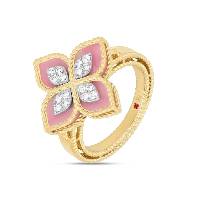 Roberto Coin Princess Flower 18ct Yellow Gold Rhodonite & 0.92ct Diamond Ring