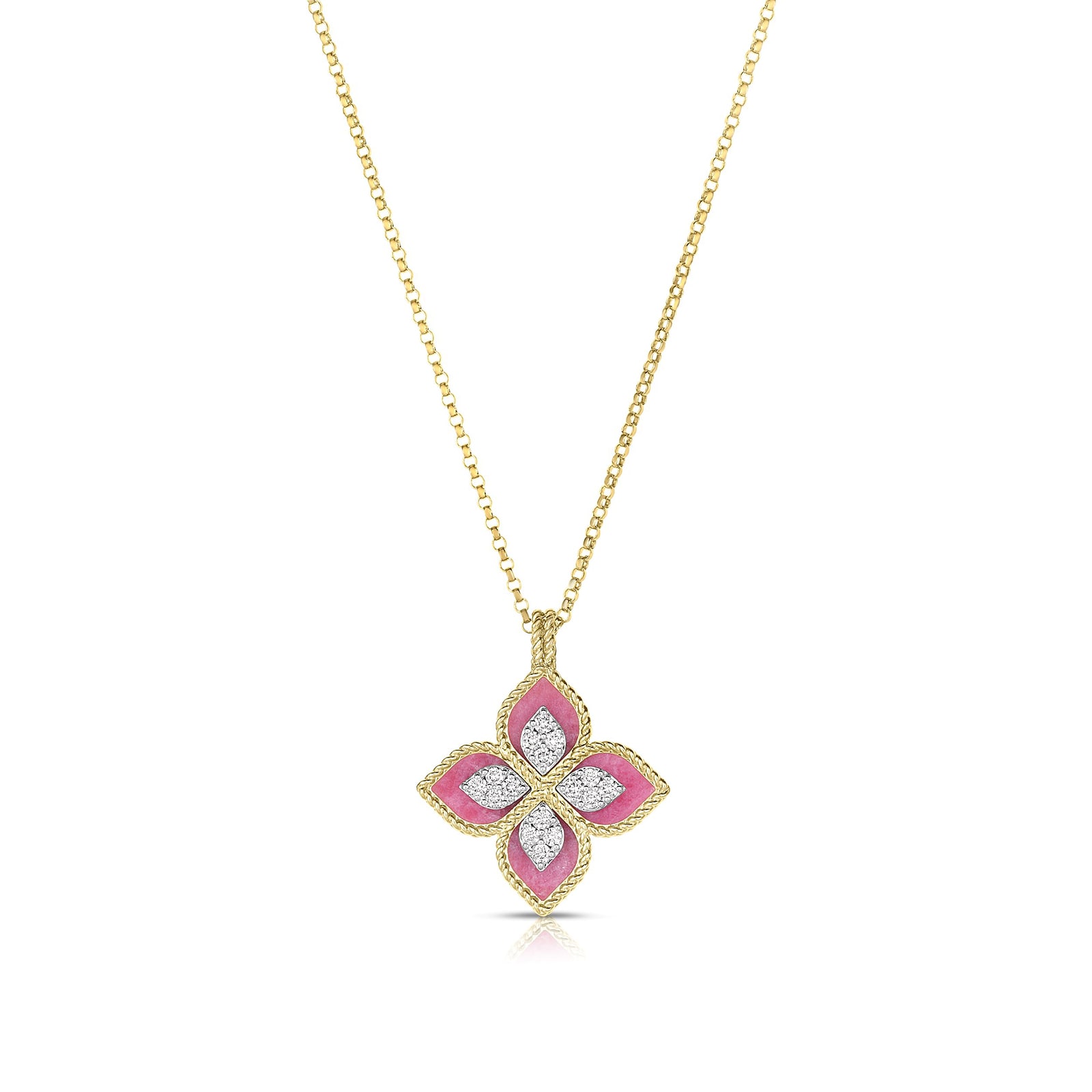 Roberto Coin 18K Yellow & White Gold Venetian Princess Diamond & Rhodonite Flower Necklace Roberto Coin 18K Yellow & White Gold Venetian Princess Diamond & Rhodonite Flower Necklace