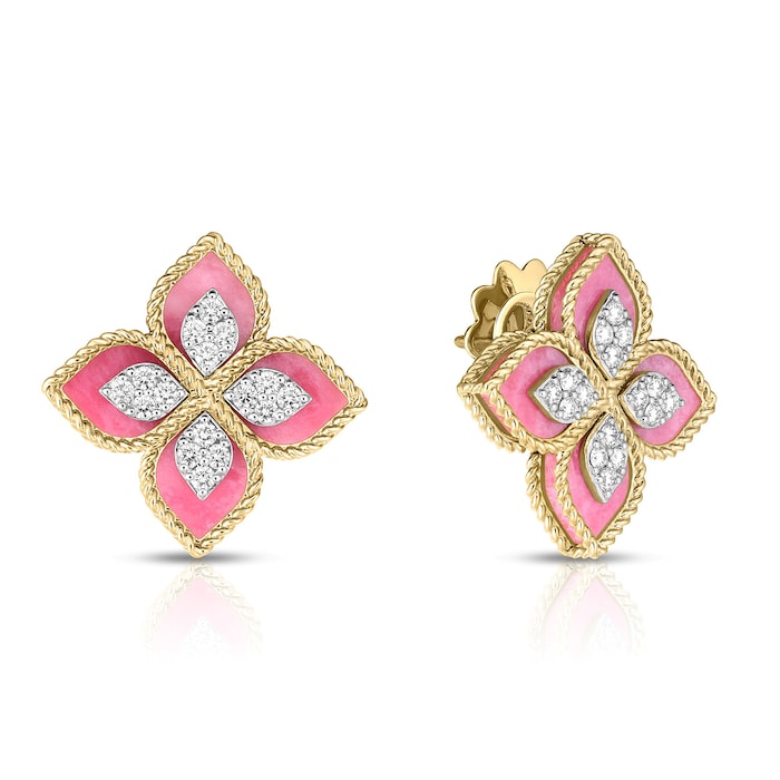 Roberto Coin 18K Yellow & White Gold Venetian Princess Diamond & Rhodonite Flower Stud Earrings