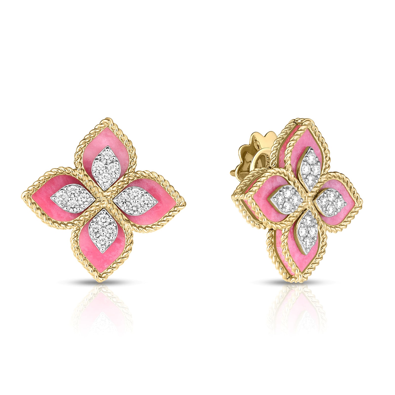 Roberto Coin 18K Yellow & White Gold Venetian Princess Diamond & Rhodonite Flower Stud Earrings Roberto Coin 18K Yellow & White Gold Venetian Princess Diamond & Rhodonite Flower Stud Earrings