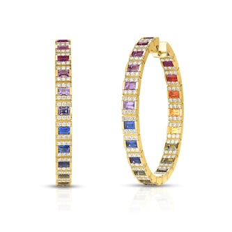Roberto Coin 18K Yellow Gold Obelisco Pavé Diamond & Mixed Sapphire Hoop Earrings Roberto Coin 18K Yellow Gold Obelisco Pavé Diamond & Mixed Sapphire Hoop Earrings