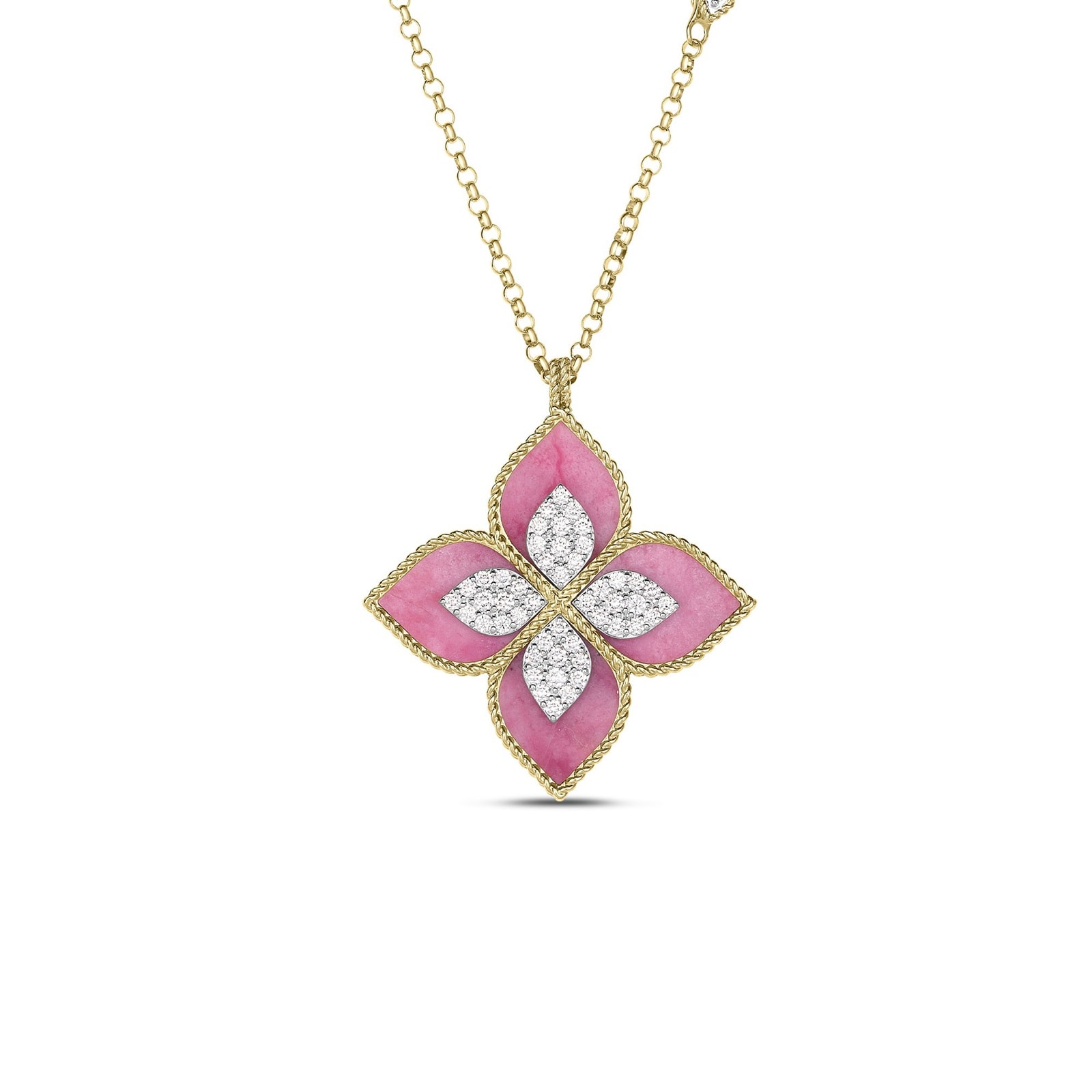 Roberto Coin 18K Yellow & White Gold Venetian Princess 0.72cttw Diamond & Rhodonite Flower Necklace