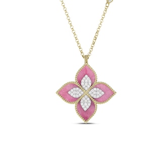 Roberto Coin 18K Yellow & White Gold Venetian Princess 0.72cttw Diamond & Rhodonite Flower Necklace