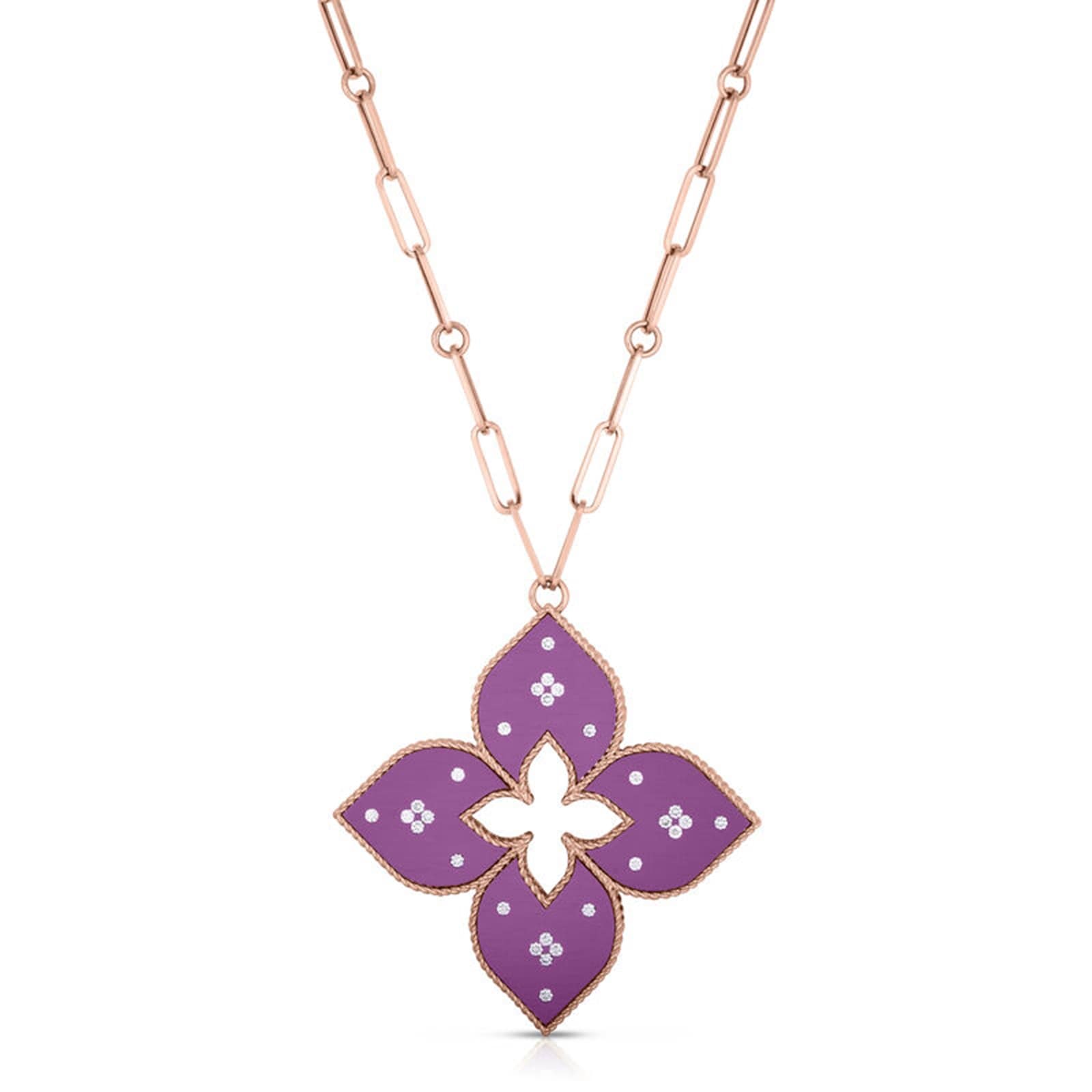 Roberto Coin 18K Rose Gold Venetian Princess 0.37cttw Diamond & Purple Titanium Flower Necklace Roberto Coin 18K Rose Gold Venetian Princess 0.37cttw Diamond & Purple Titanium Flower Necklace