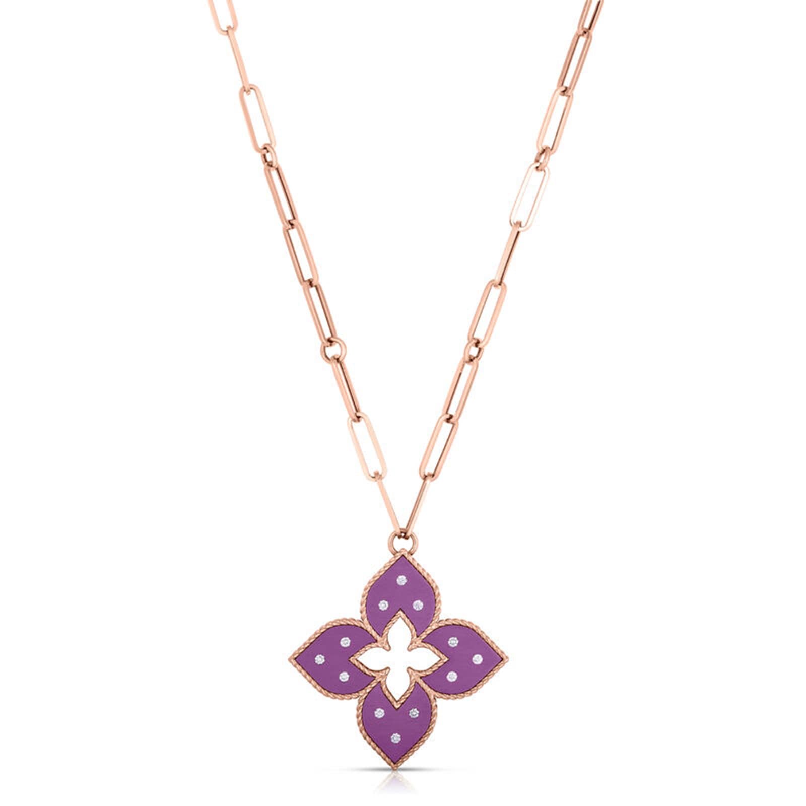 Roberto Coin 18K Rose Gold Venetian Princess 0.15cttw Diamond & Purple Titanium Flower Necklace Roberto Coin 18K Rose Gold Venetian Princess 0.15cttw Diamond & Purple Titanium Flower Necklace