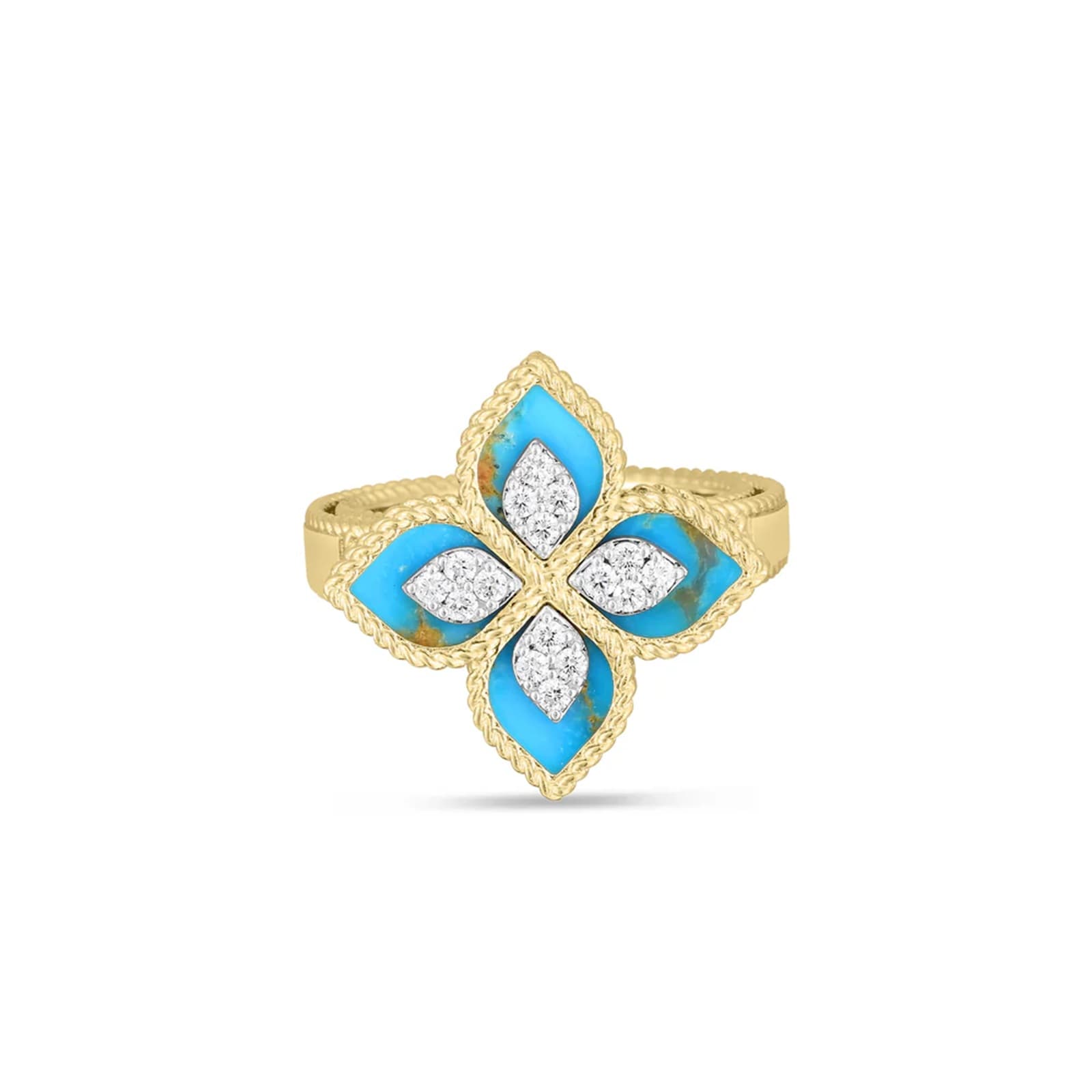 Roberto Coin 18K Yellow Gold Venetian Princess Diamond & Turquoise Flower Ring - Ring Size 6.5