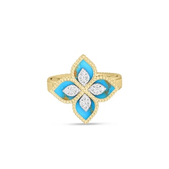 Roberto Coin 18K Yellow Gold Venetian Princess Diamond & Turquoise Flower Ring - Ring Size 6.5