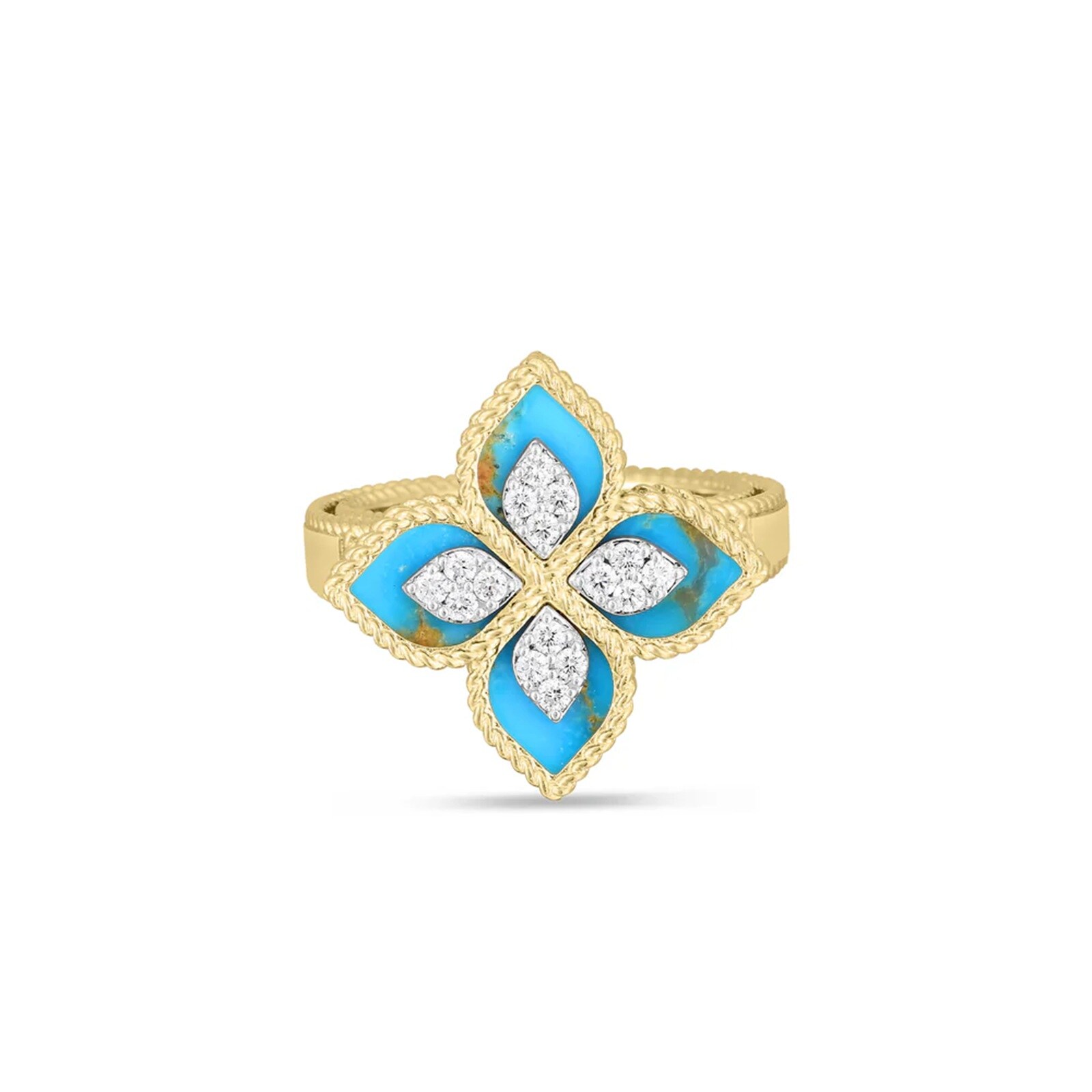 Roberto Coin 18K Yellow Gold Venetian Princess Diamond & Turquoise Flower Ring - Ring Size 6.5