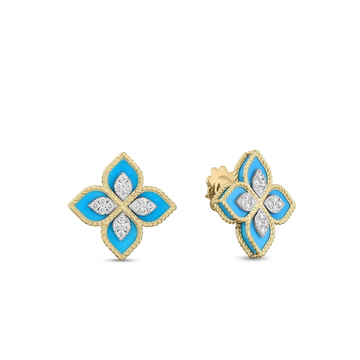 Roberto Coin 18K Yellow Gold Venetian Princess Diamodn & Turquoise Flower Stud Earrings