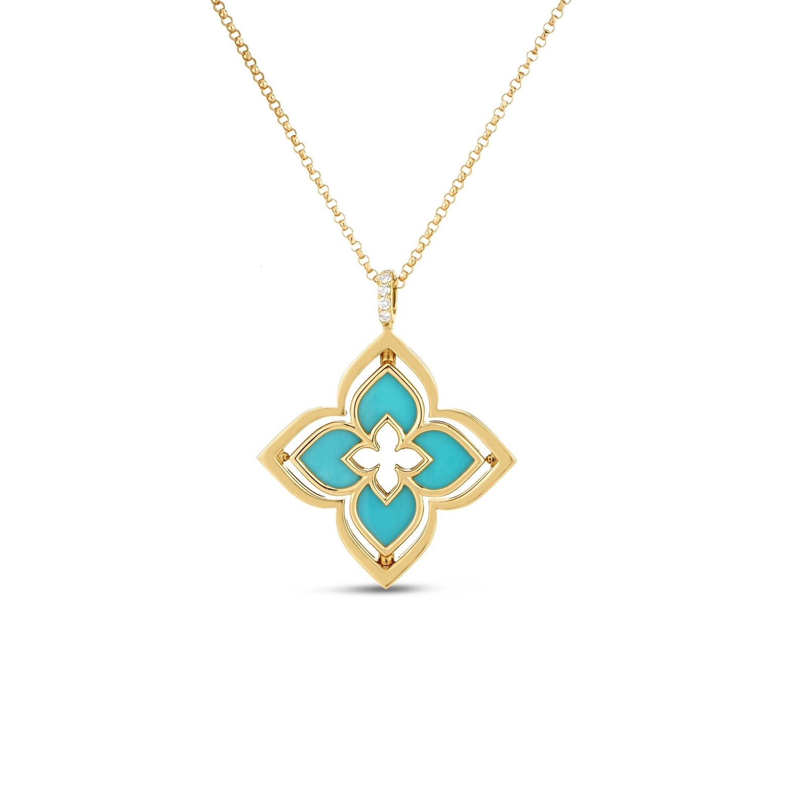 Roberto Coin 18K Yellow Gold Venetian Princess Pirouette Diamond & Turquoise Flower Pendant Necklace