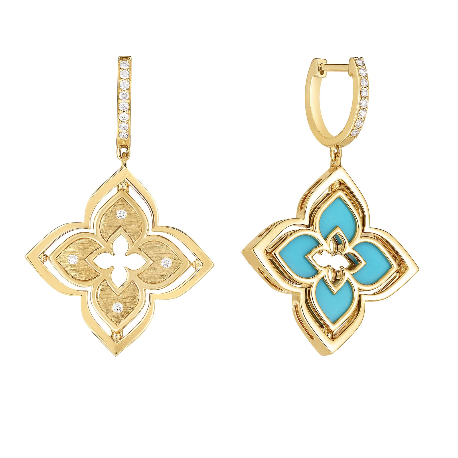 Roberto Coin 18K Yellow Gold Venetian Princess Pirouette Diamond & Turquoise Flower Drop Earrings