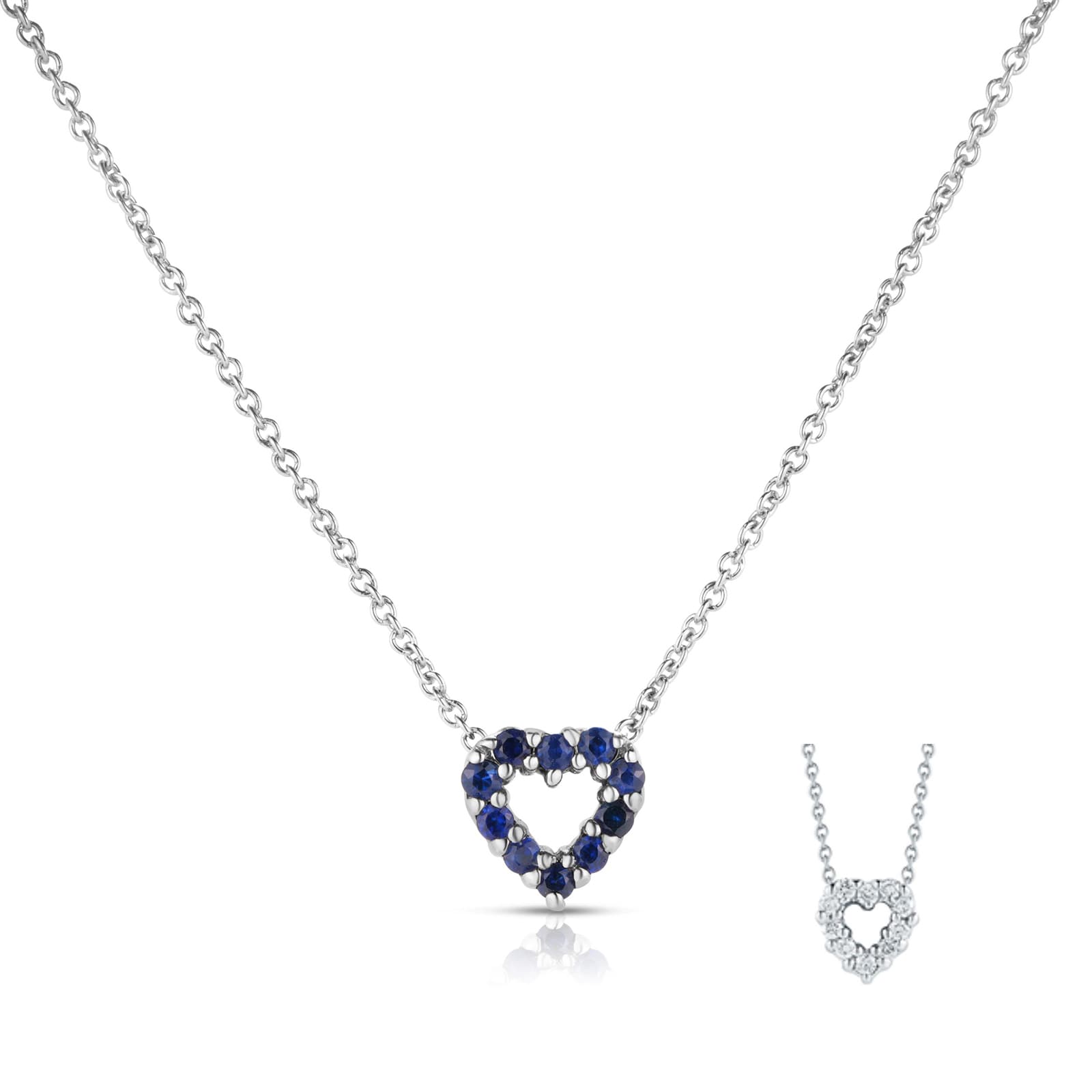 Roberto Coin Tiny Treasures 18ct White Gold 0.10ct Diamond & 0.10ct Sapphire Heart Necklace