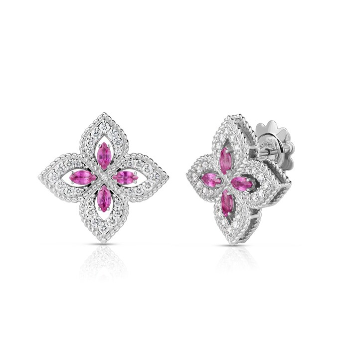 Roberto Coin 18K White Gold Exclusive Venetian Princess 0.50cttw Diamond & 0.65cttw Pink Sapphire Stud Earrings