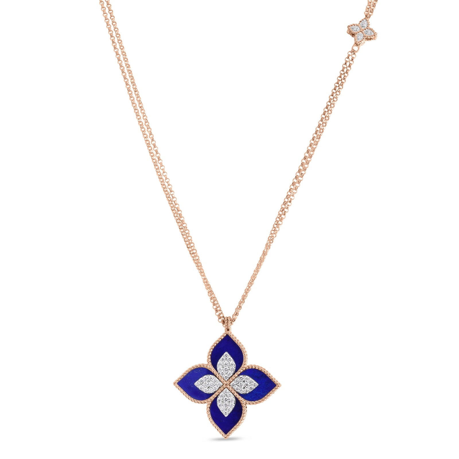 Roberto Coin Princess Flower 18ct Rose Gold 0.76ct Diamond & Lapis Pendant Necklace - Large Size Pendant