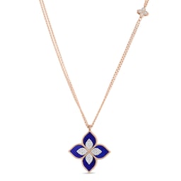 37523194 - Princess Flower 18ct Rose Gold 0.76ct Diamond & Lapis Pendant Necklace - Large Size Pendant