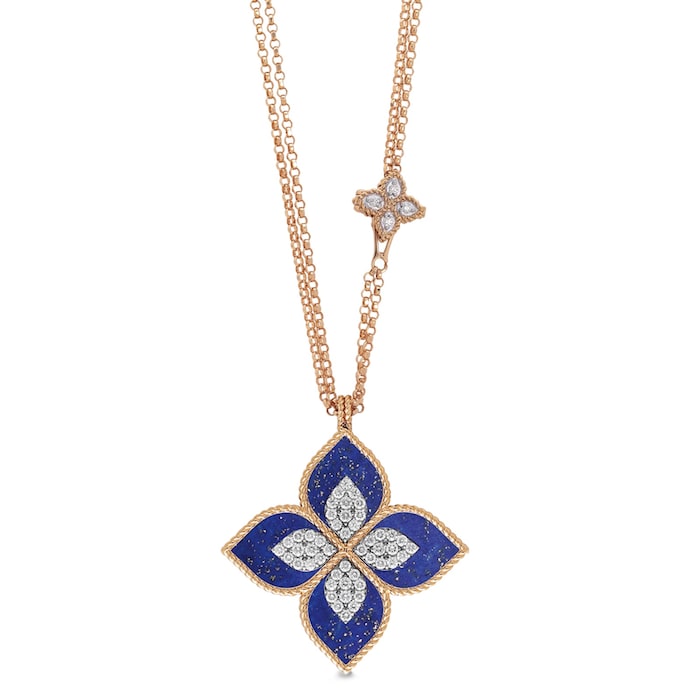 Roberto Coin Princess Flower 18ct Rose Gold 0.76ct Diamond & Lapis Pendant Necklace - Large Size Pendant