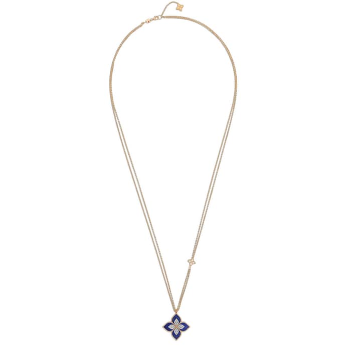 Roberto Coin Princess Flower 18ct Rose Gold 0.76ct Diamond & Lapis Pendant Necklace - Large Size Pendant