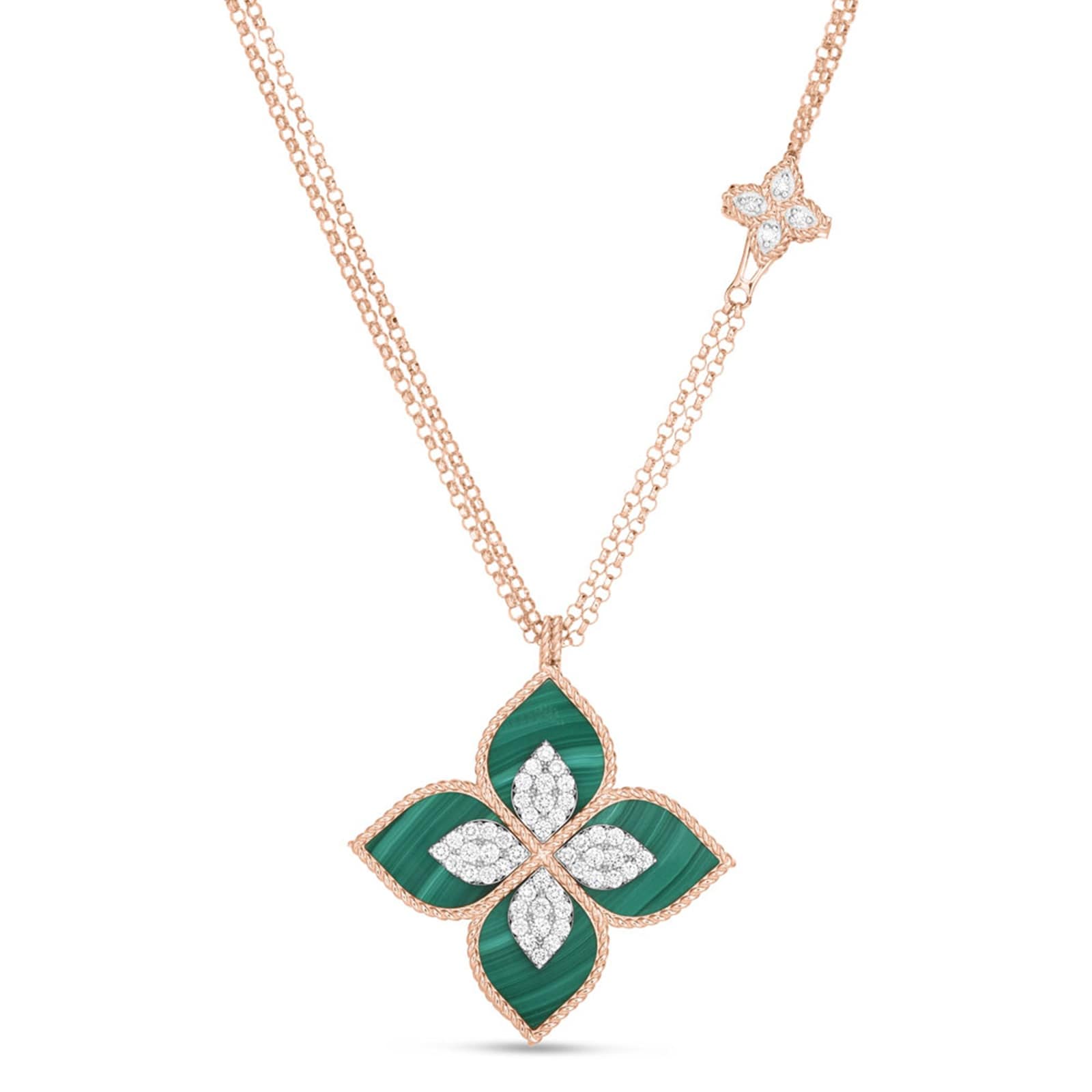 Roberto Coin Princess Flower 18ct Rose Gold 0.76ct Diamond & Malachite Pendant Necklace