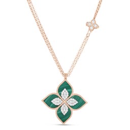 37523198 - Princess Flower 18ct Rose Gold 0.76ct Diamond & Malachite Pendant Necklace