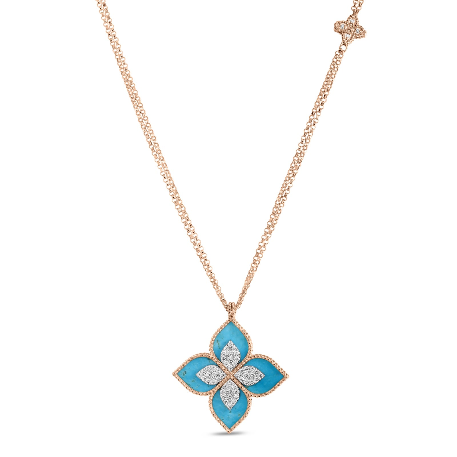 Roberto Coin Princess Flower 18ct Rose Gold 0.76ct Diamond & Turquoise Pendant Necklace