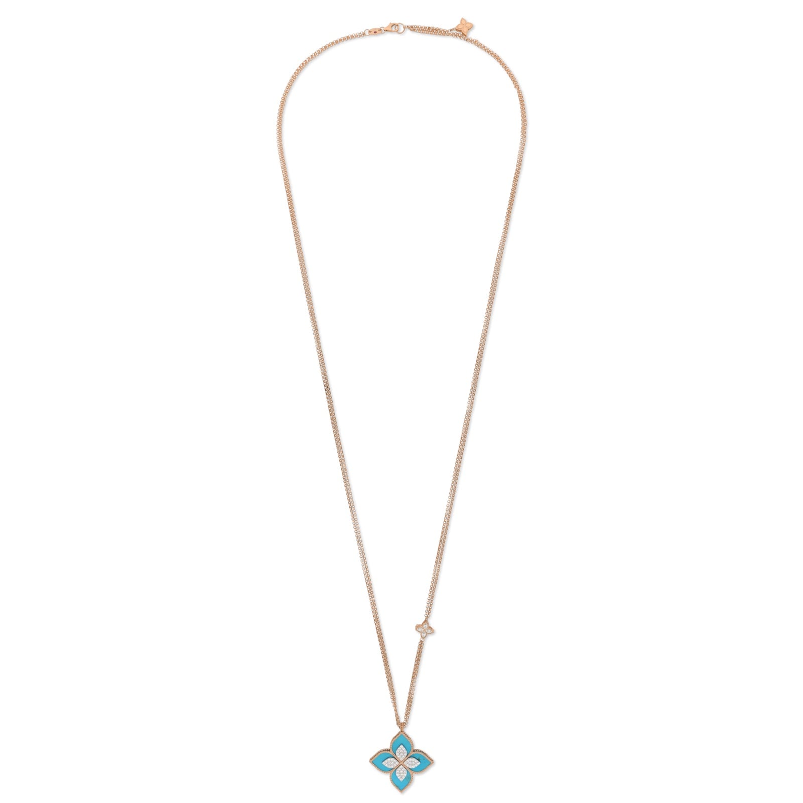 Roberto Coin Princess Flower 18ct Rose Gold 0.76ct Diamond & Turquoise Pendant Necklace