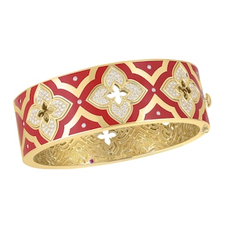 Roberto Coin 18K Yellow Gold Venetian Princess Diamond & Red Enamel Flower Wide Bangle Roberto Coin 18K Yellow Gold Venetian Princess Diamond & Red Enamel Flower Wide Bangle