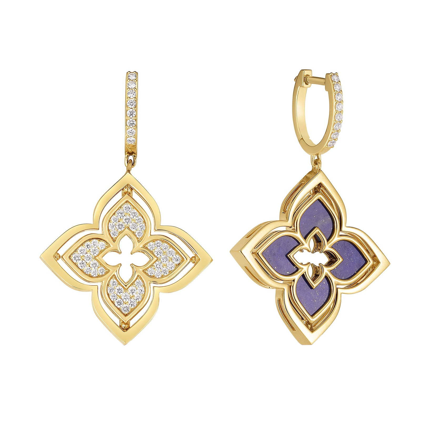 Roberto Coin 18K Yellow Gold Venetian Princess Pirouette Pave Diamond & Lapis Flower Drop Earrings