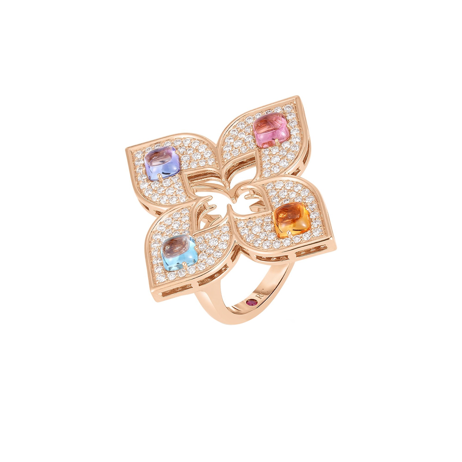 Roberto Coin 18K Rose Gold Venetian Princess Carnival Pave Diamond & Mixed Gemstone Flower Ring - Size 6.5