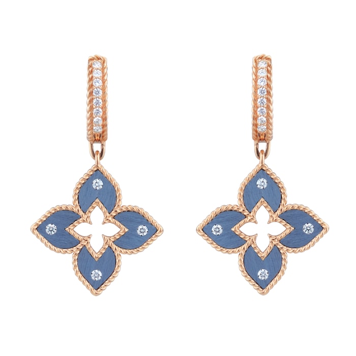 Roberto Coin Venetian Princess 18ct Rose Gold Blue Titanium and Diamond Hoop Earrings
