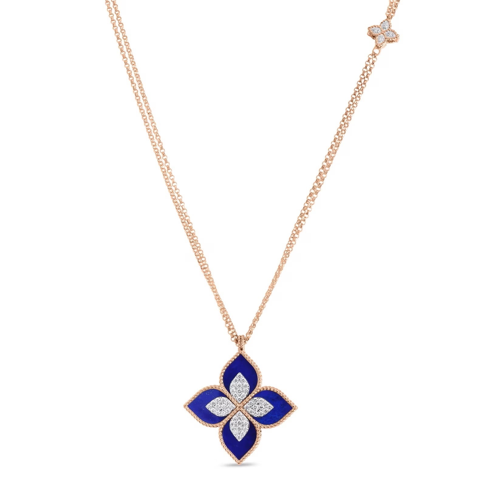 Roberto Coin Princess Flower 18ct Rose Gold 0.76ct Diamond 
Lapis Pendant Necklace