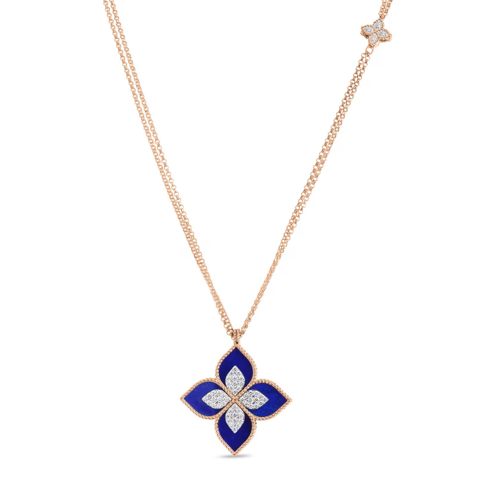 Roberto Coin Princess Flower 18ct Rose Gold 0.76ct Diamond 
Lapis Pendant Necklace