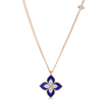 Roberto Coin Princess Flower 18ct Rose Gold 0.76ct Diamond 
Lapis Pendant Necklace