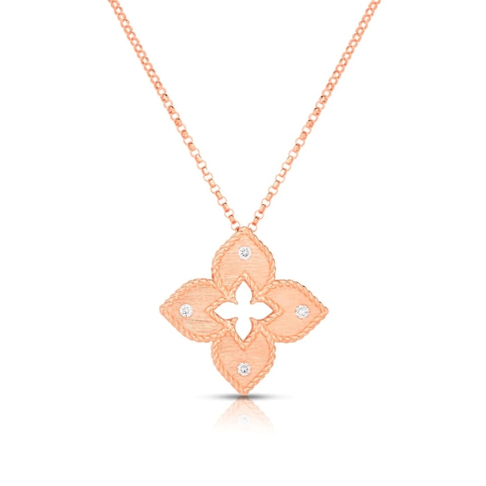 Roberto Coin 18K Rose Gold Venetian Princess Diamond Satin Finish Flower Necklace