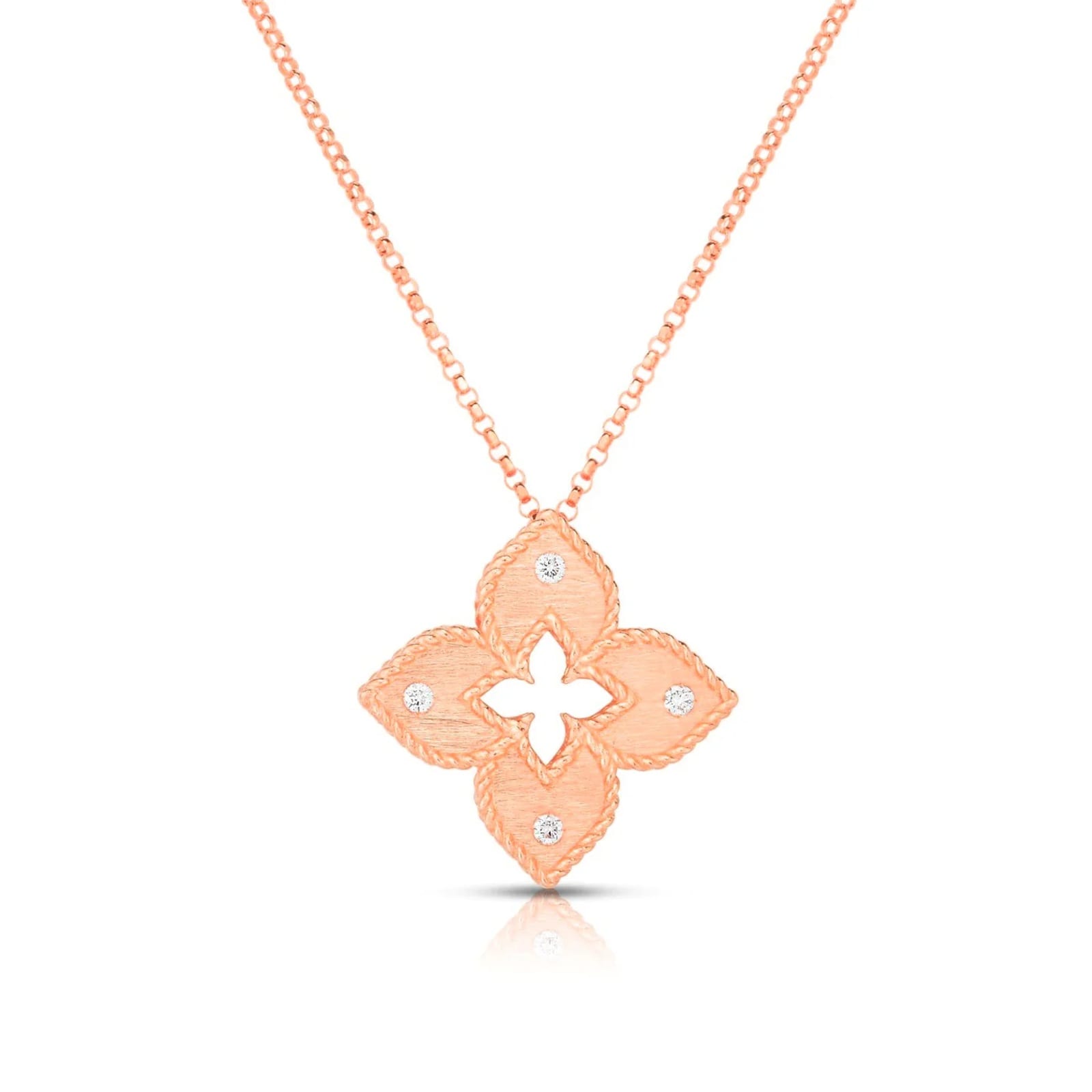 Roberto Coin 18K Rose Gold Venetian Princess Diamond Satin Finish Flower Necklace