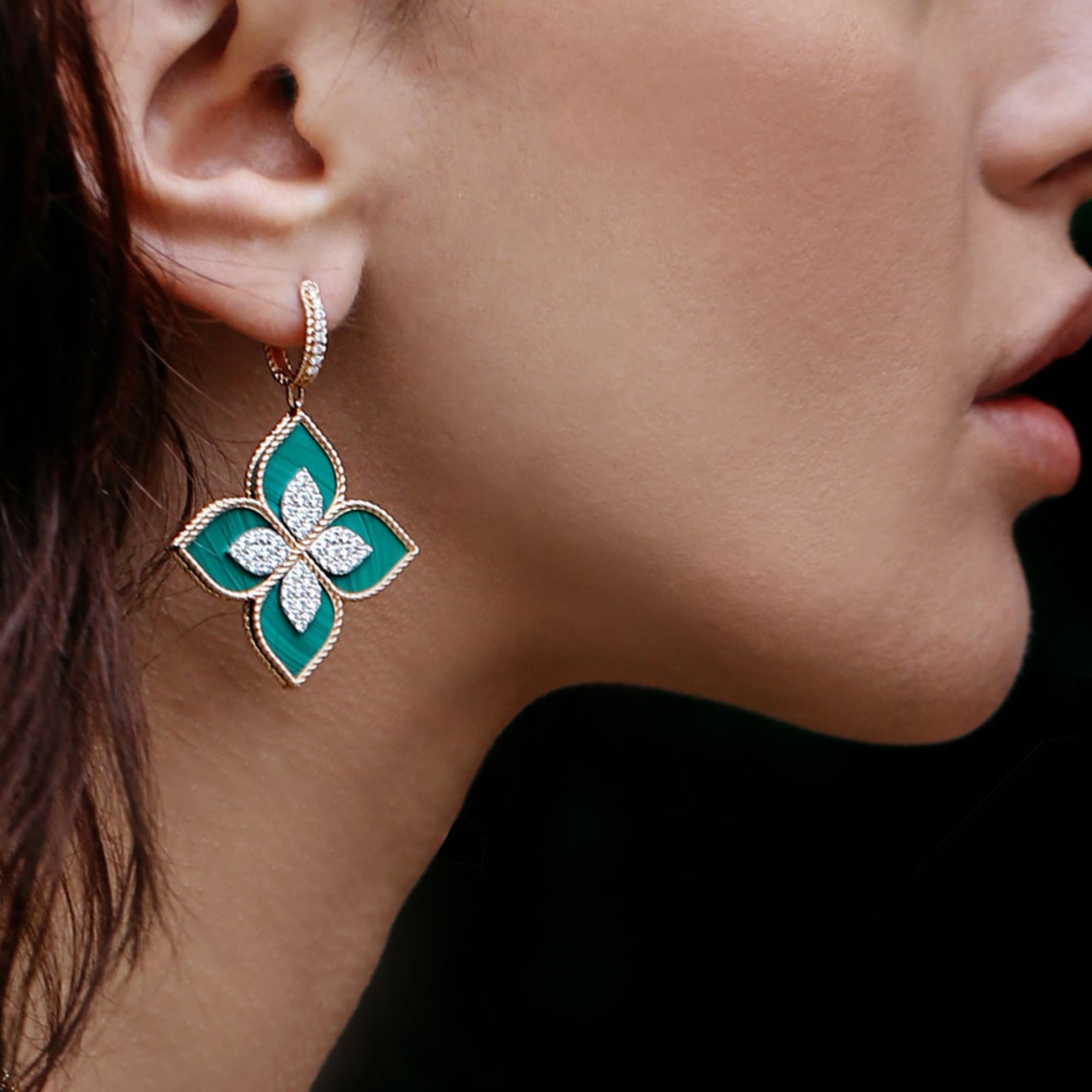 Roberto Coin Princess Flower 18ct Rose Gold 1,56ct Diamond & Malachite Hoop Earrings
