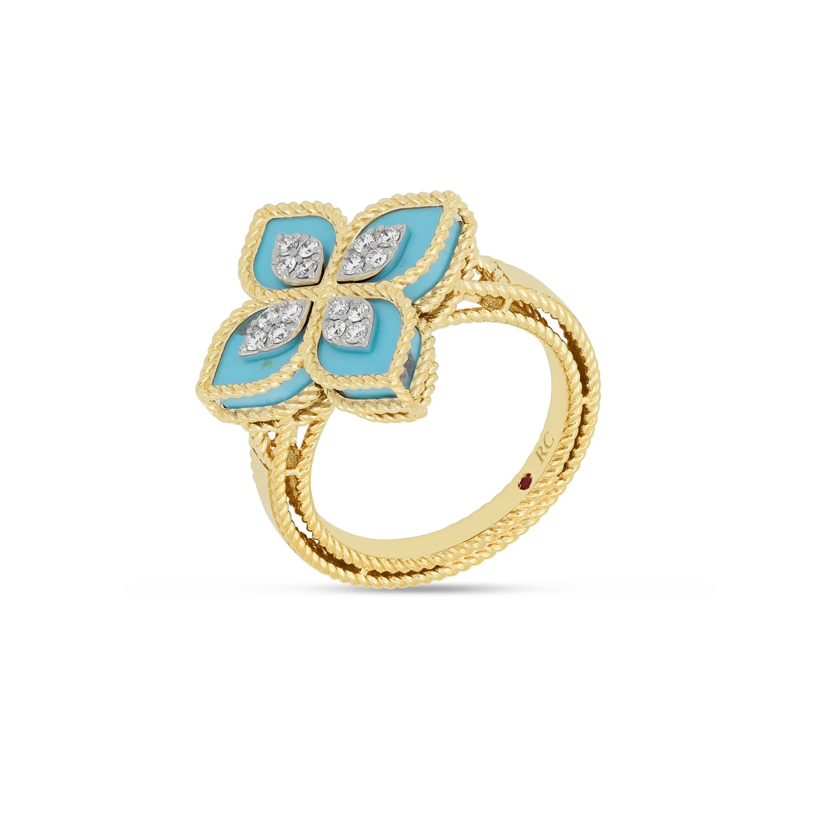 Roberto Coin Princess Flower 18ct Yellow Gold Turquoise & 0.18ct Diamond Ring Roberto Coin Princess Flower 18ct Yellow Gold Turquoise & 0.18ct Diamond Ring
