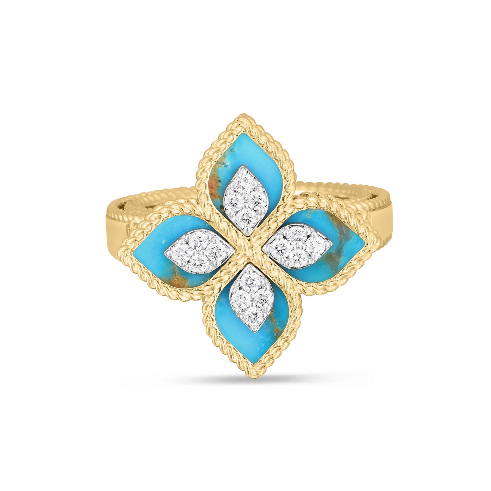 Roberto Coin Princess Flower 18ct Yellow Gold Turquoise & 0.18ct Diamond Ring Roberto Coin Princess Flower 18ct Yellow Gold Turquoise & 0.18ct Diamond Ring