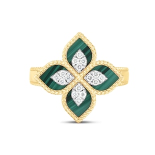 Roberto Coin Princess Flower 18ct Yellow Gold Malachite & 0.18ct Diamond Ring