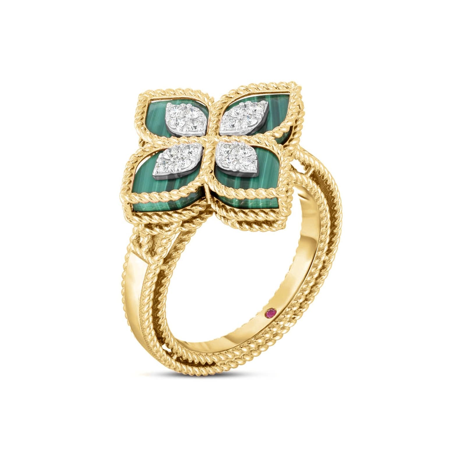 Roberto Coin Princess Flower 18ct Yellow Gold Malachite & 0.18ct Diamond Ring