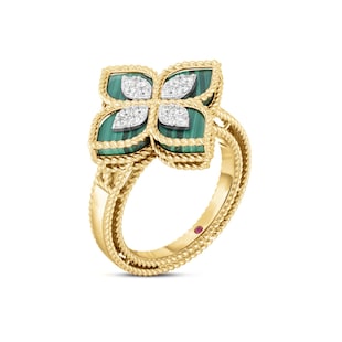 Roberto Coin Princess Flower 18ct Yellow Gold Malachite & 0.18ct Diamond Ring