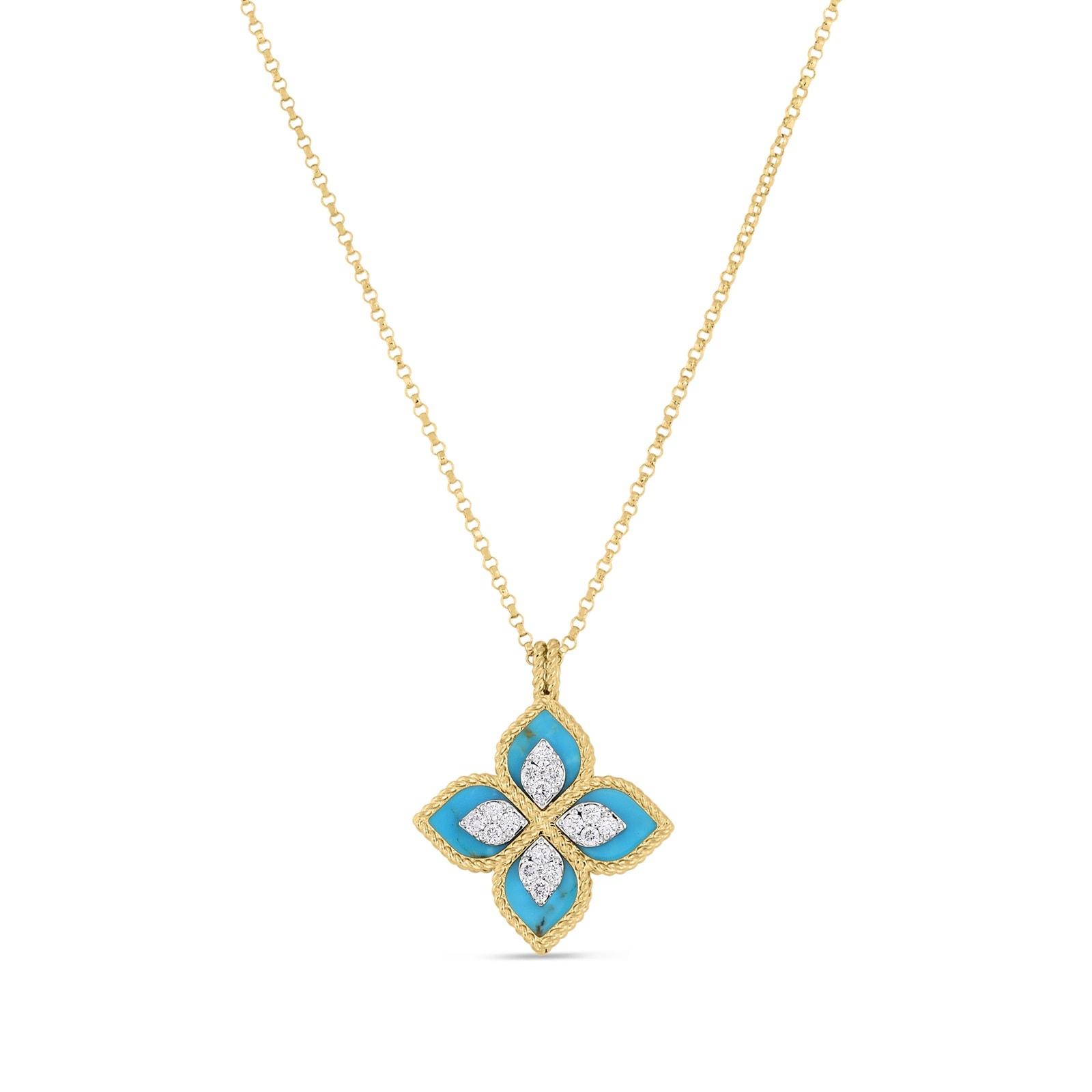 Roberto Coin Princess Flower 18ct Yellow Gold Turquoise & 0.18ct Diamond Pendant
