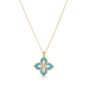 Roberto Coin Princess Flower 18ct Yellow Gold Turquoise & 0.18ct Diamond Pendant