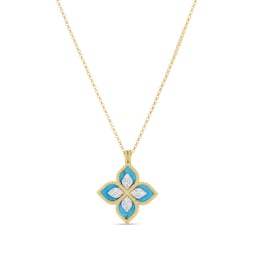 37523978 - Princess Flower 18ct Yellow Gold Turquoise & 0.18ct Diamond Pendant