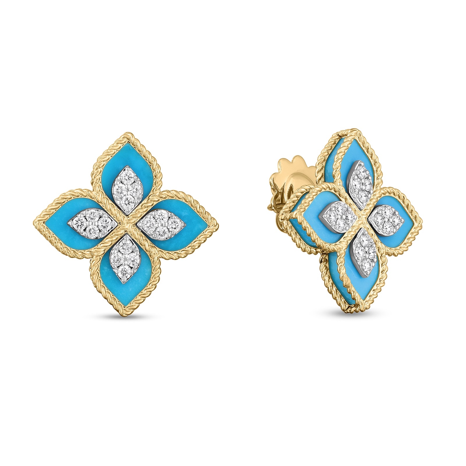 Roberto Coin Princess Flower 18ct Yellow Gold Turquoise & Diamond Stud Earrings