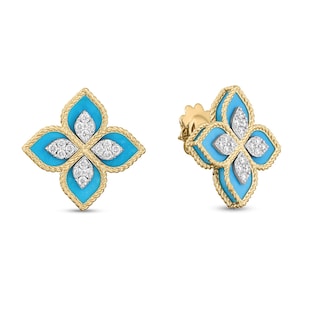 Roberto Coin Princess Flower 18ct Yellow Gold Turquoise & Diamond Stud Earrings